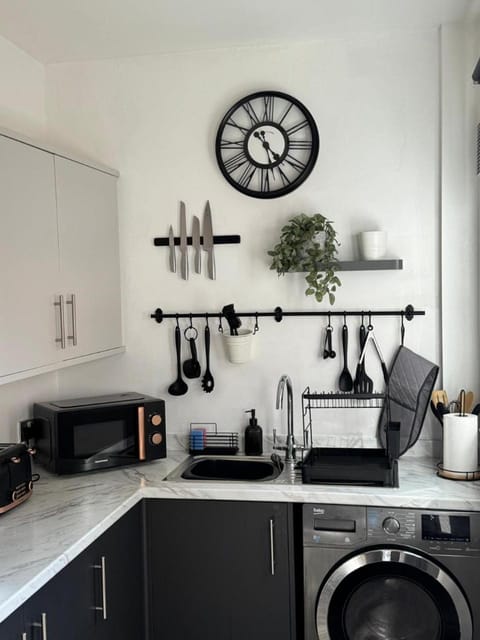 Kitchen or kitchenette, stove, toaster, washing machine