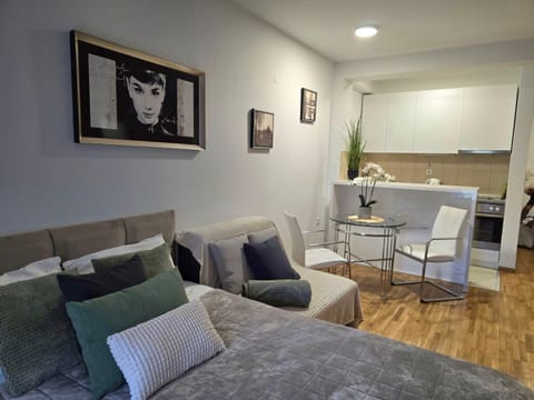 Kitchen or kitchenette, Living room, Seating area, Dining area