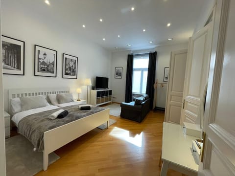 Bed, TV and multimedia, Living room, Photo of the whole room, Seating area, Bedroom, towels, wardrobe