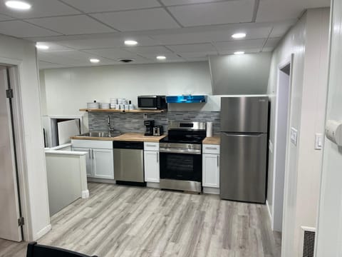 Kitchen or kitchenette, dishwasher, oven, stove