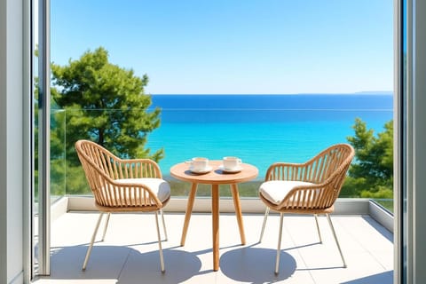 Property building, Patio, Day, Natural landscape, View (from property/room), Balcony/Terrace, Balcony/Terrace, Seating area, Dining area, Beach, Sea view, Sea view