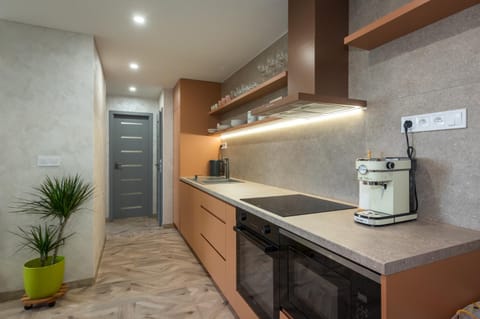 Kitchen or kitchenette, dishwasher, oven, stove