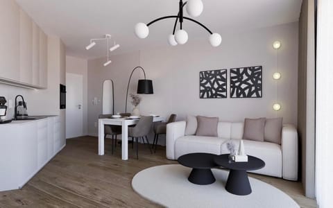 Kitchen or kitchenette, Living room, Seating area, Dining area