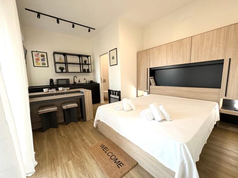 Bed, TV and multimedia, Kitchen or kitchenette, Photo of the whole room, Bedroom, towels