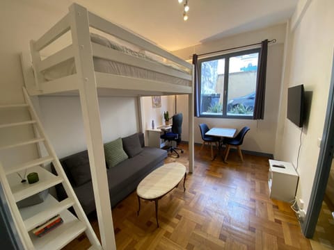 Bed, Living room, Dining area