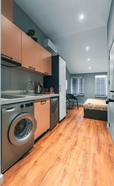 Bed, Kitchen or kitchenette, Living room, Photo of the whole room, Seating area, Bedroom, minibar, pet friendly, stove, washing machine