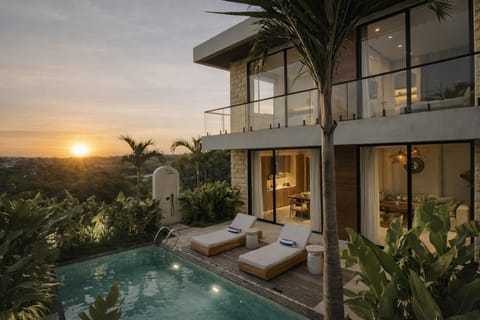 Property building, Day, Natural landscape, Garden, View (from property/room), Balcony/Terrace, Seating area, Pool view, Swimming pool, Sunrise, Sunset