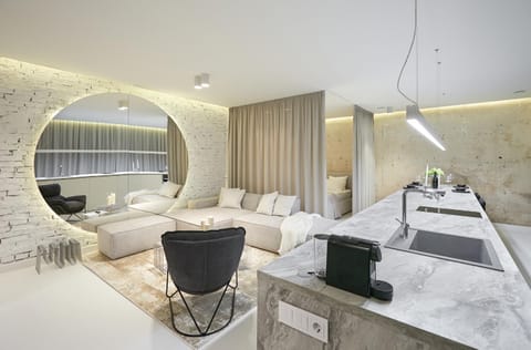 Kitchen or kitchenette, Living room, Seating area