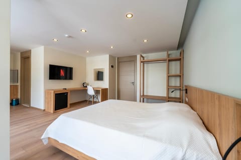 Bed, TV and multimedia, Kitchen or kitchenette, Photo of the whole room, wardrobe