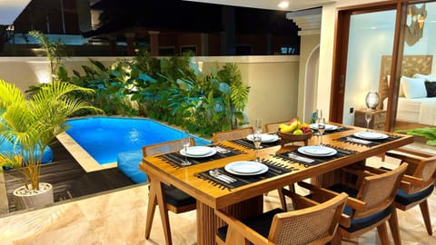 Patio, Dining area, Pool view, sunbed