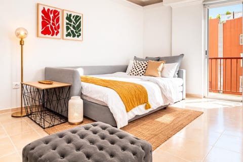 Bed, Living room, Seating area