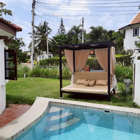 Natural landscape, Garden, Garden view, Pool view, Swimming pool, sunbed
