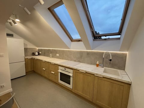 Kitchen or kitchenette, dishwasher, oven, stove