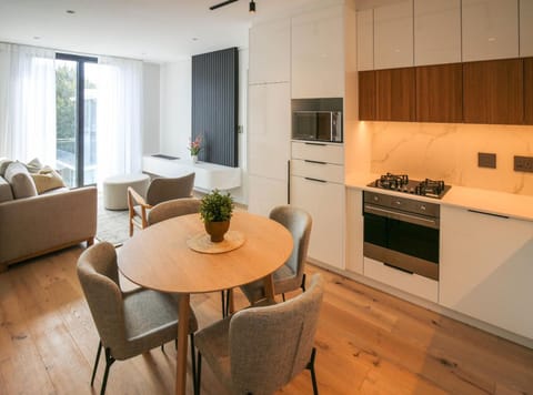 Dining area, microwave, oven, kitchen