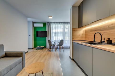 Kitchen or kitchenette, Living room, Seating area, Dining area, stove