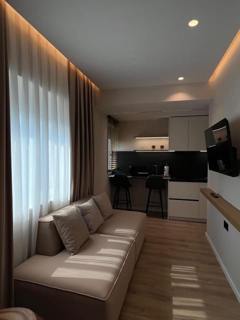 Kitchen or kitchenette, Living room, Seating area, stove