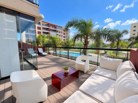 View (from property/room), Balcony/Terrace, Pool view, Swimming pool, sunbed