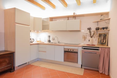 Kitchen or kitchenette, dishwasher, oven, stove