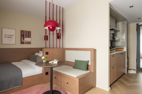 Bed, kitchen