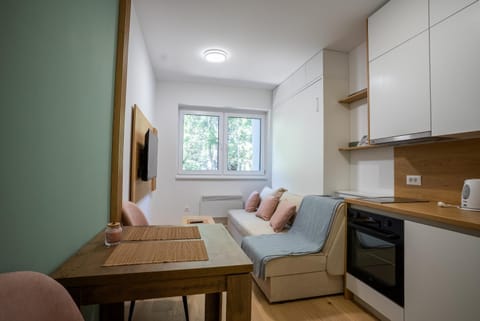 Kitchen or kitchenette, Living room, Seating area, Dining area