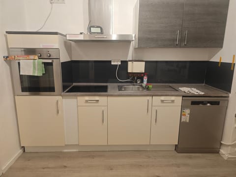 Kitchen or kitchenette, dishwasher, oven, stove