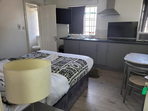 Toilet, Bed, Bathroom, TV and multimedia, Kitchen or kitchenette, Photo of the whole room, Seating area, Dining area, Bedroom