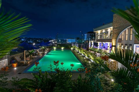Property building, Night, Garden, Garden view, Pool view, Swimming pool
