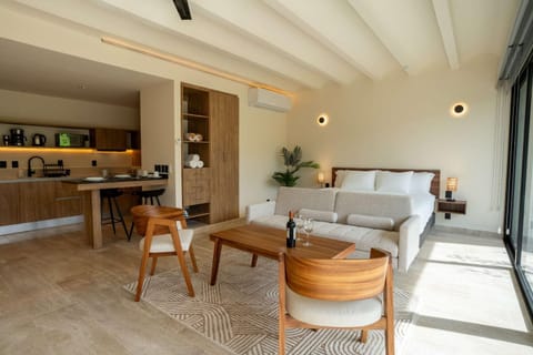 Kitchen or kitchenette, Living room, Seating area, Dining area