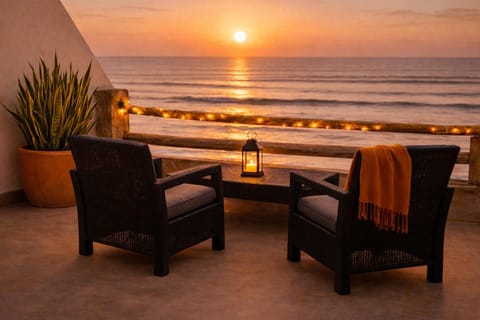 View (from property/room), Balcony/Terrace, Seating area, Sea view, Sunset