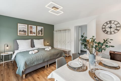Dining area, Bedroom, towels, wardrobe