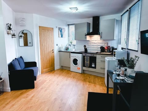 Kitchen or kitchenette, Living room, Seating area, oven, toaster, washing machine