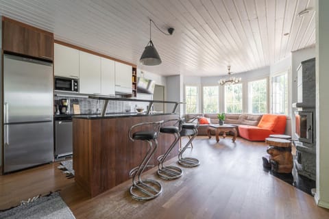 Kitchen or kitchenette, Living room, Seating area, Dining area, dishwasher, oven, stove, toaster