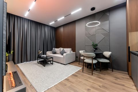 Kitchen or kitchenette, Living room, Seating area, Dining area