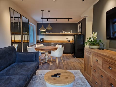 Kitchen or kitchenette, Living room, Seating area, Dining area