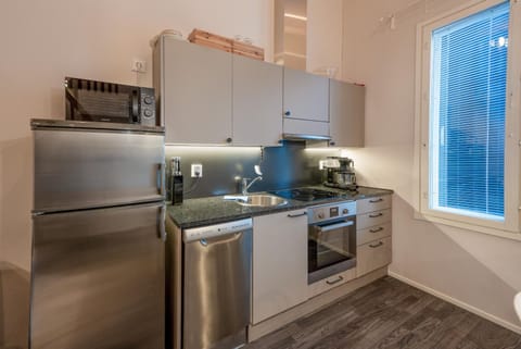 Kitchen or kitchenette, dishwasher, oven, stove