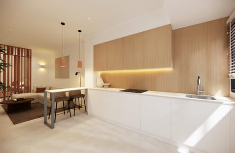 Kitchen or kitchenette, Living room, Seating area, Dining area