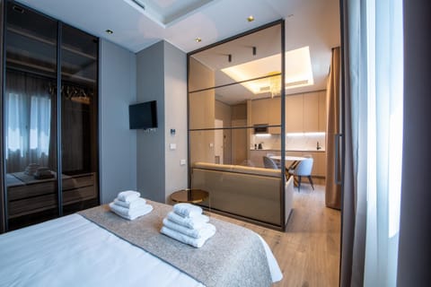 Bed, Bathroom, TV and multimedia, Kitchen or kitchenette, Photo of the whole room, Bedroom, towels, wardrobe