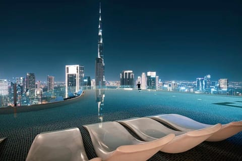 Night, City view, Swimming pool