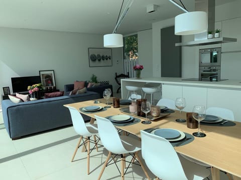 Kitchen or kitchenette, Living room, Seating area, Dining area