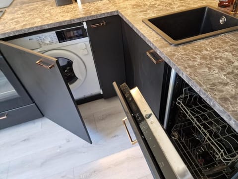 Kitchen or kitchenette, dishwasher, oven, stove, washing machine