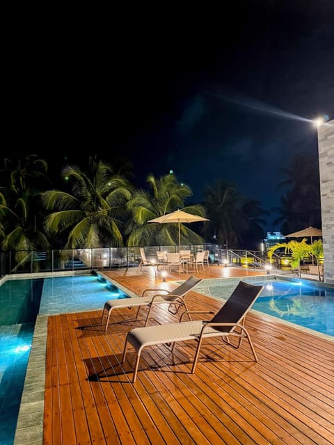 Night, Pool view, Swimming pool, sunbed
