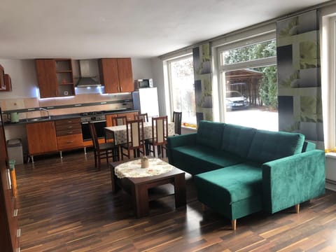 Kitchen or kitchenette, Living room, Seating area, Dining area
