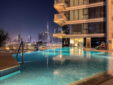 Night, Pool view, Swimming pool, Swimming pool