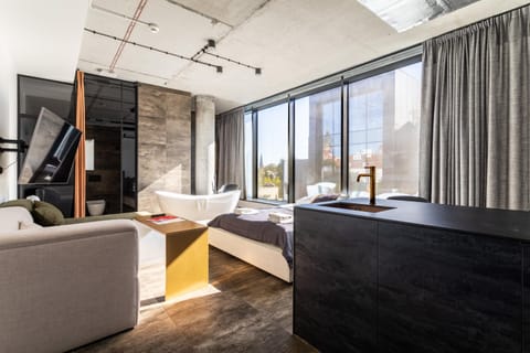 Shower, Bed, View (from property/room), Kitchen or kitchenette, Seating area, Bath, towels, air conditioner, air conditioner