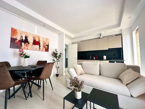 Kitchen or kitchenette, Living room, Seating area, Dining area