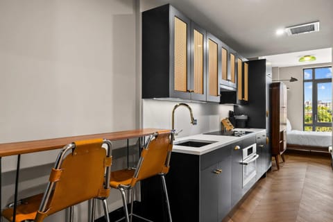 Kitchen or kitchenette, oven, stove