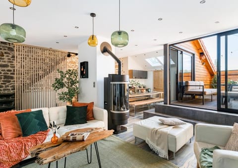 Patio, Living room, Seating area, fireplace