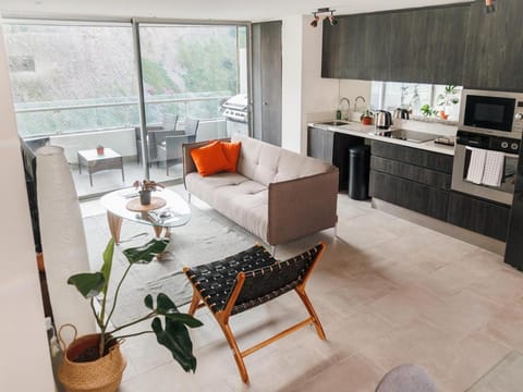 Kitchen or kitchenette, Living room, Seating area, oven, stove