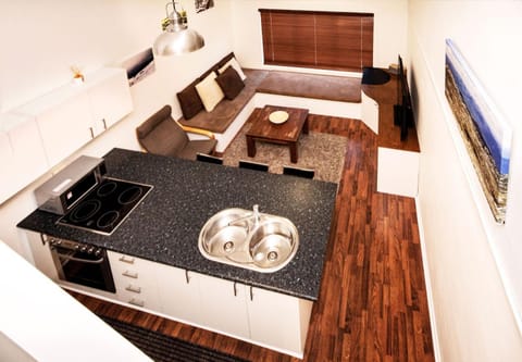 Kitchen or kitchenette, Living room, Dining area, stove