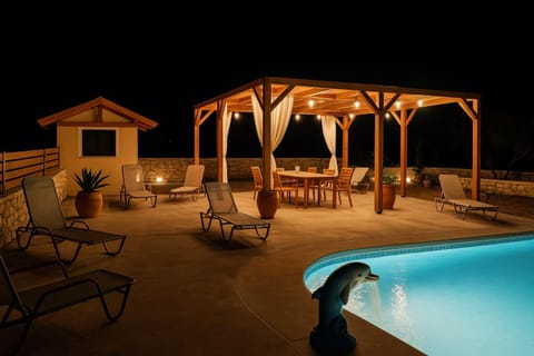 Property building, Patio, Night, Natural landscape, Pool view, Swimming pool, sunbed
